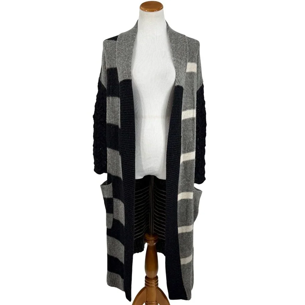 Free People Black Gray Striped Floral Knit Long Cardigan S | Boho Grunge Fairy - Picture 3 of 16